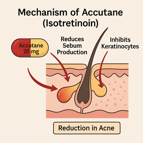 Medical diagram explaining the mechanism of Accutane(Roaccutane) 20mg (Isotretinoin)