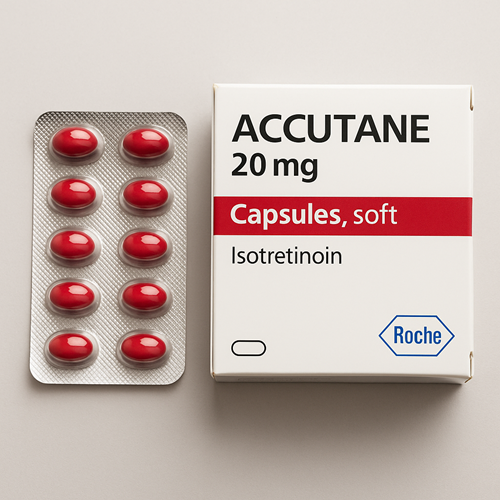 Accutane(Roaccutane) 20mg package and packaging box close-up image