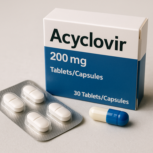 Close-up of Acyclovir tablet and capsule packaging