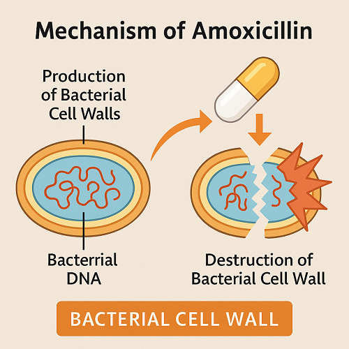 Medical diagram explaining the mechanism of Novamox 500mg (Amoxicillin) – destruction of bacterial cell walls