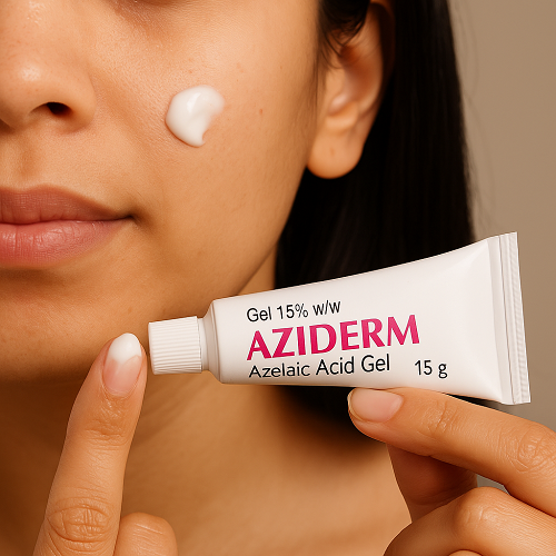 Instructional photo of Aziderm Gel 15% usage – squeezing gel onto fingertip and applying it to the face