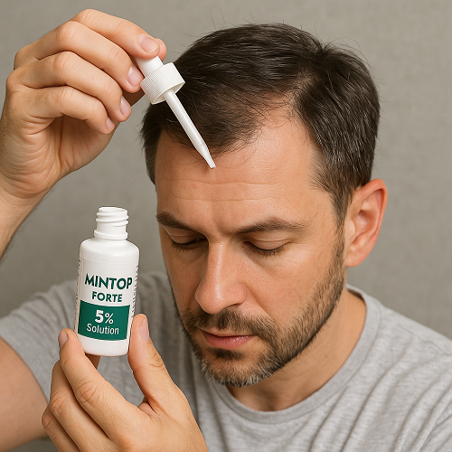 Applying Mintop Forte 5% Solution to the scalp