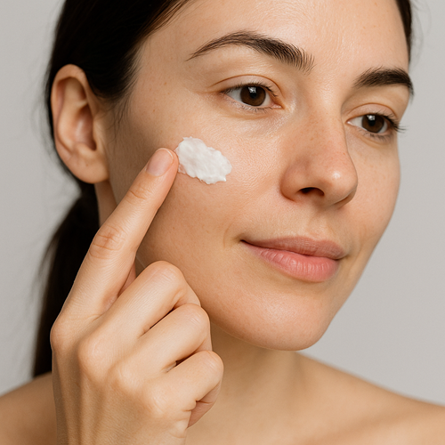 Instructional photo of applying the cream to the face with a fingertip