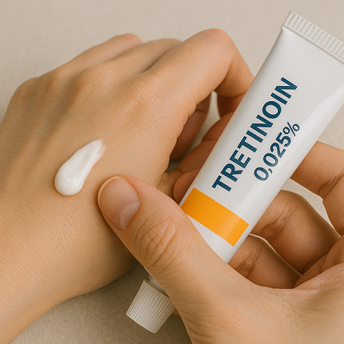 Applying Tretinoin 0.025% cream on the back of the hand or face