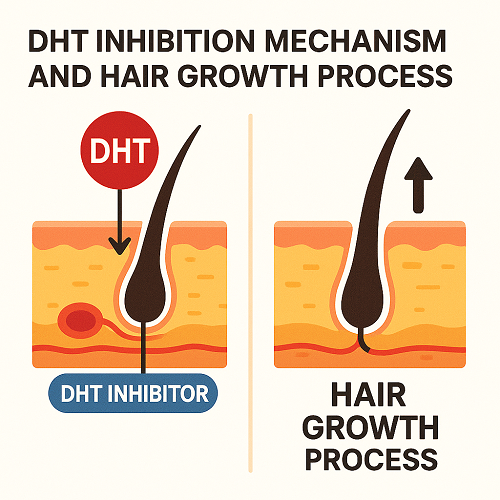 Medical diagram explaining the DHT inhibition mechanism and hair growth process