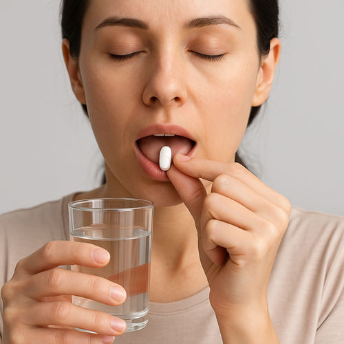 Instructional photo of taking an Azee 250mg tablet orally with water