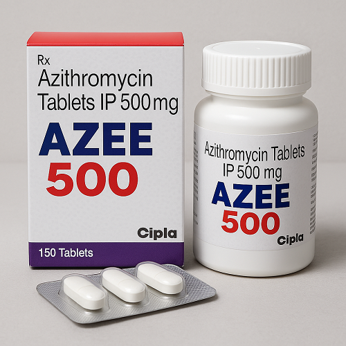 Azee 500mg product photo clearly showing the product package and 150-tablet bottle