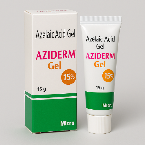 Aziderm Gel 15% product photo clearly showing the tube and packaging box