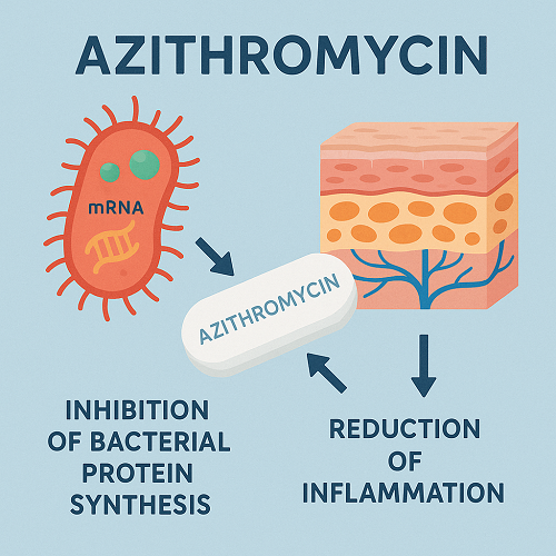 Medical diagram explaining the mechanism of Azithromycin (inhibition of bacterial protein synthesis and reduction of inflammation)