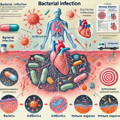 Medical illustration showing bacterial infection and treatment process