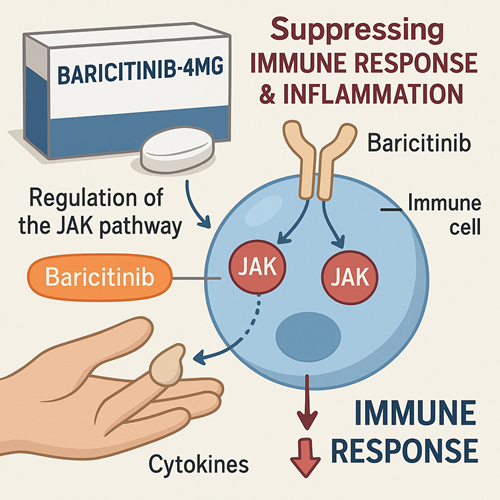 Visual diagram showing how baricitinib regulates the JAK pathway to suppress immune response and inflammation