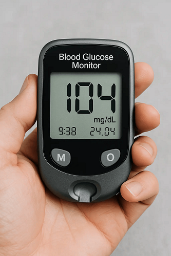 Blood glucose monitor screen of a patient with stabilized blood sugar after taking Dapagliflozin