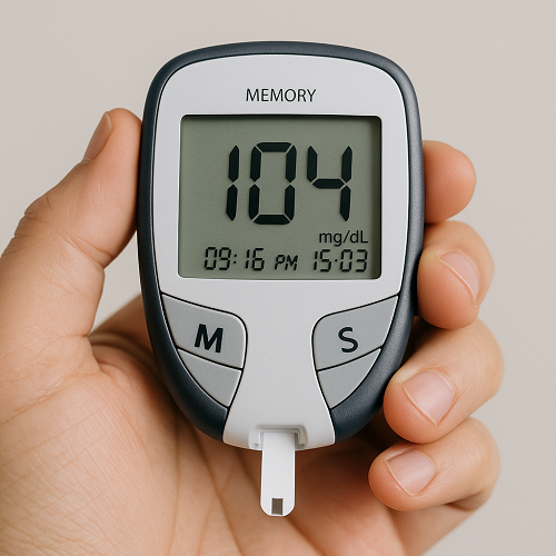 Blood glucose monitor screen of a patient with stabilized blood sugar after taking Metformin 1000mg