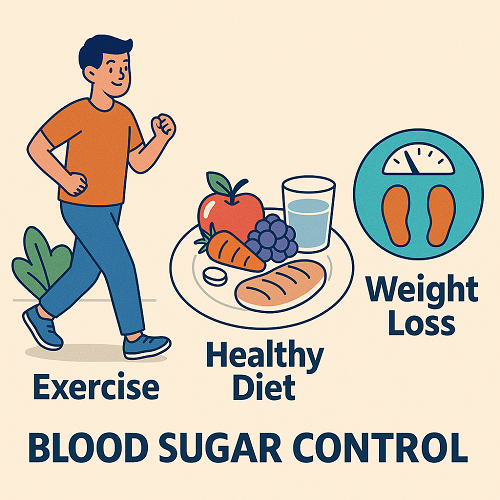 Image emphasizing exercise, healthy diet, and weight loss for blood sugar control