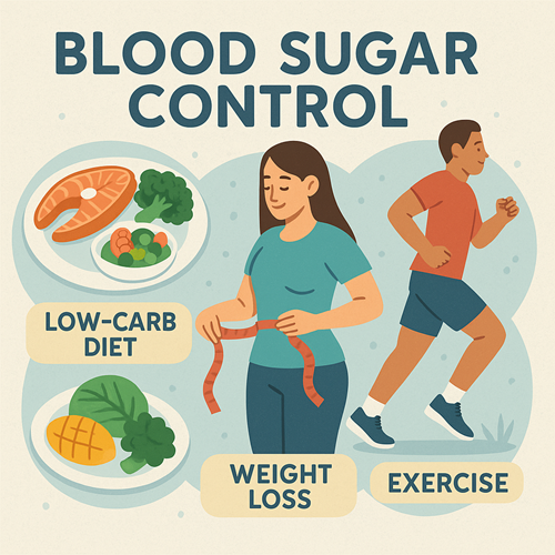 Image emphasizing low-carb diet, weight loss, and exercise for blood sugar control