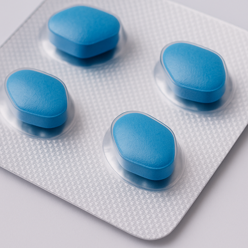 Blue prescription tablets on a white blister pack close-up