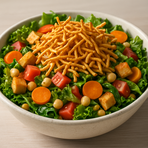 Salad topped with crispy noodles showing calorie-dense meal