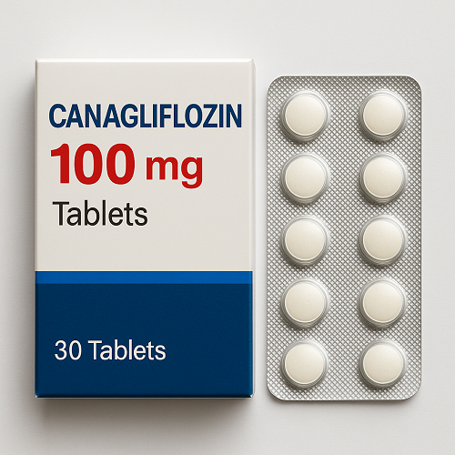 CANAGLIFLOZIN-100MG product photo clearly showing the product package and tablets