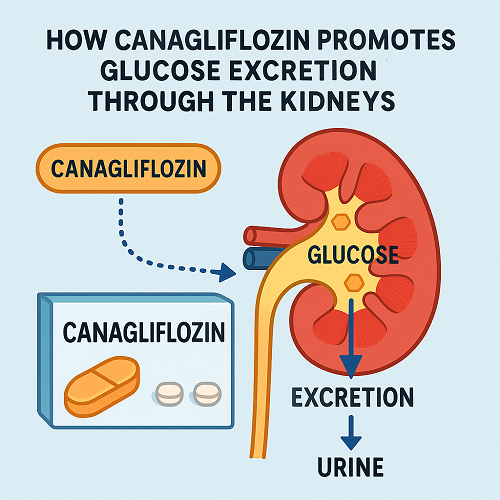 Visual diagram showing how canagliflozin promotes glucose excretion through the kidneys