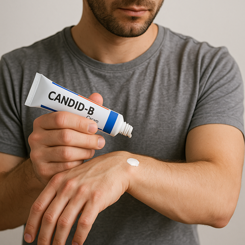 How to apply Candid B cream to the skin, shown with male use