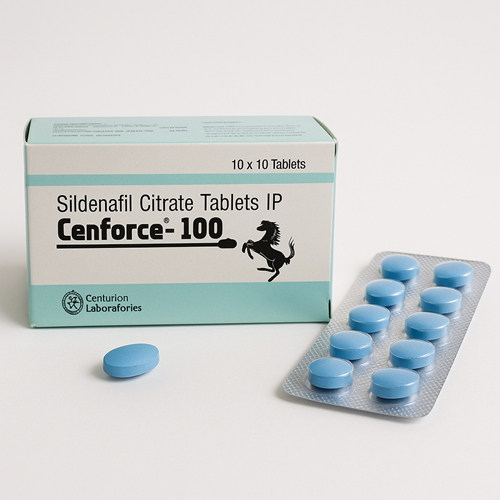 Cenforce 100mg package and packaging box close-up image