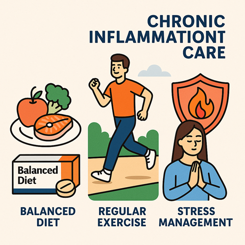Image emphasizing balanced diet, regular exercise, and stress management for chronic inflammation care