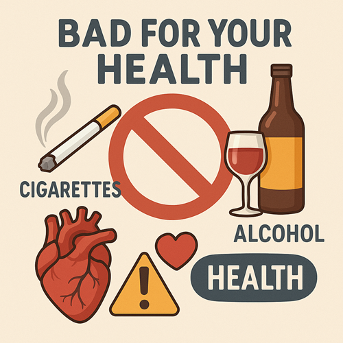 Illustration showing that cigarettes and alcohol are bad for your health
