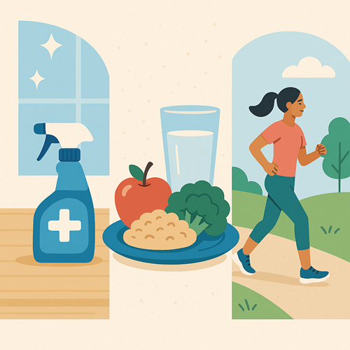 Image emphasizing a clean environment, balanced nutrition, and regular exercise for infection prevention and immune support