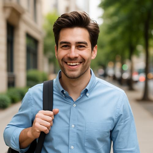 A man with restored hair going about daily life after using Coverit 5% Solution