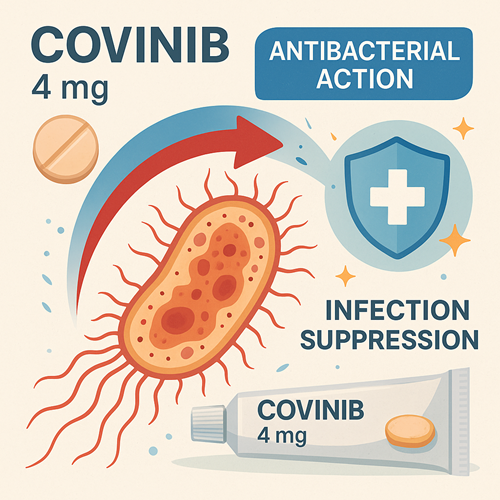 Visual diagram showing how Covinib’s antibacterial action attacks bacteria and suppresses infection
