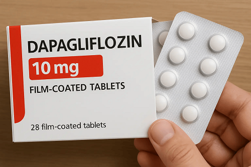 Dapagliflozin 10mg package and packaging box close-up image