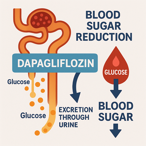 Medical diagram explaining the mechanism of Dapagliflozin (glucose excretion through urine and blood sugar reduction mechanism)