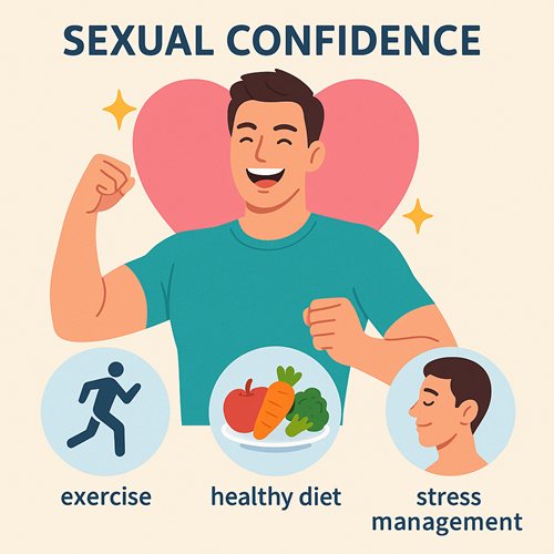 Image emphasizing sexual confidence through exercise, healthy diet, and stress management