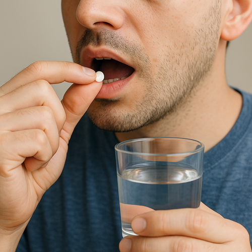 Instructional photo of taking a Dapoxetine 60mg tablet orally with water