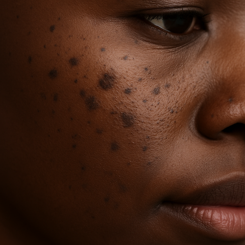Close-up of dark skin tone with visible dark spots
