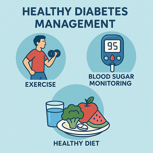 Image related to healthy diabetes management – emphasizing lifestyle habits like exercise, healthy diet, and blood sugar monitoring