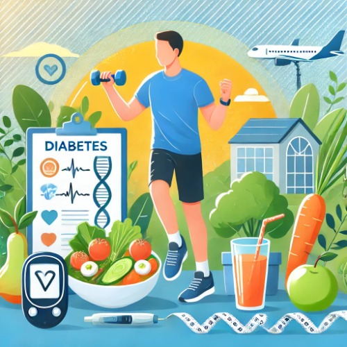 Diabetic patient exercising and eating healthy food as part of daily routine