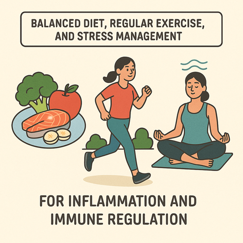 Image emphasizing balanced diet, regular exercise, and stress management for inflammation and immune regulation