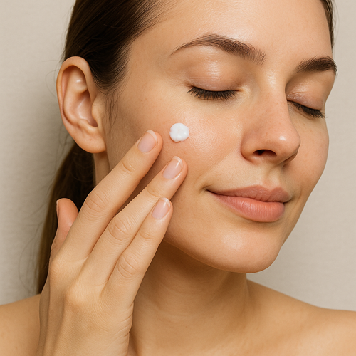 Instructional photo of applying the cream gently to the skin by hand