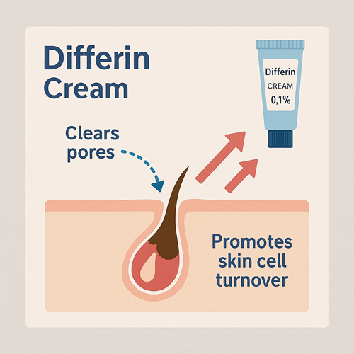 Visual diagram showing how Differin Cream 0.1% clears pores and promotes skin cell turnover