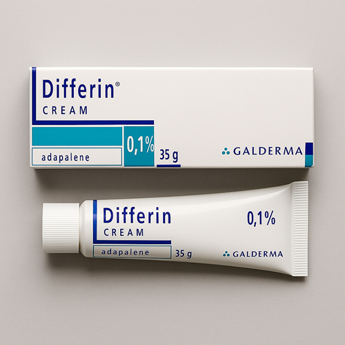 Differin Cream 0.1% product photo clearly showing the product package and cream