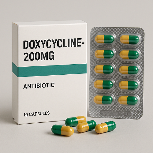 DOXYCYCLINE-200MG product photo clearly showing the product package and capsules