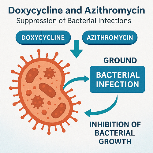 Medical diagram explaining how Doxycycline and Azithromycin suppress bacterial infections