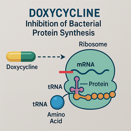 Visual diagram explaining how doxycycline inhibits bacterial protein synthesis