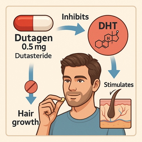 Medical diagram explaining the mechanism of Dutagen 0.5mg (Dutasteride)