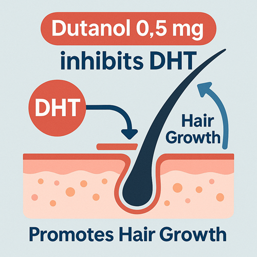Visual diagram showing how Dutanol 0.5mg promotes hair growth by inhibiting DHT