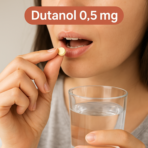 Instructional photo of taking a Dutanol 0.5mg tablet orally with water