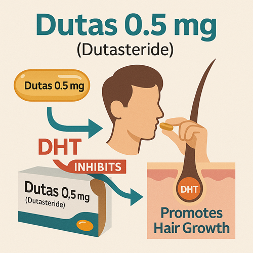 Visual diagram showing how Dutas 0.5mg inhibits DHT to promote hair growth