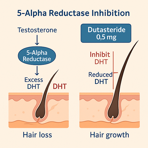 Medical diagram explaining the mechanism of Dutasteride 0.5mg (5-alpha reductase inhibitor)