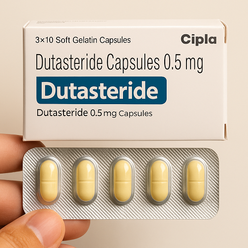 Dutasteride 0.5mg package and packaging box close-up image